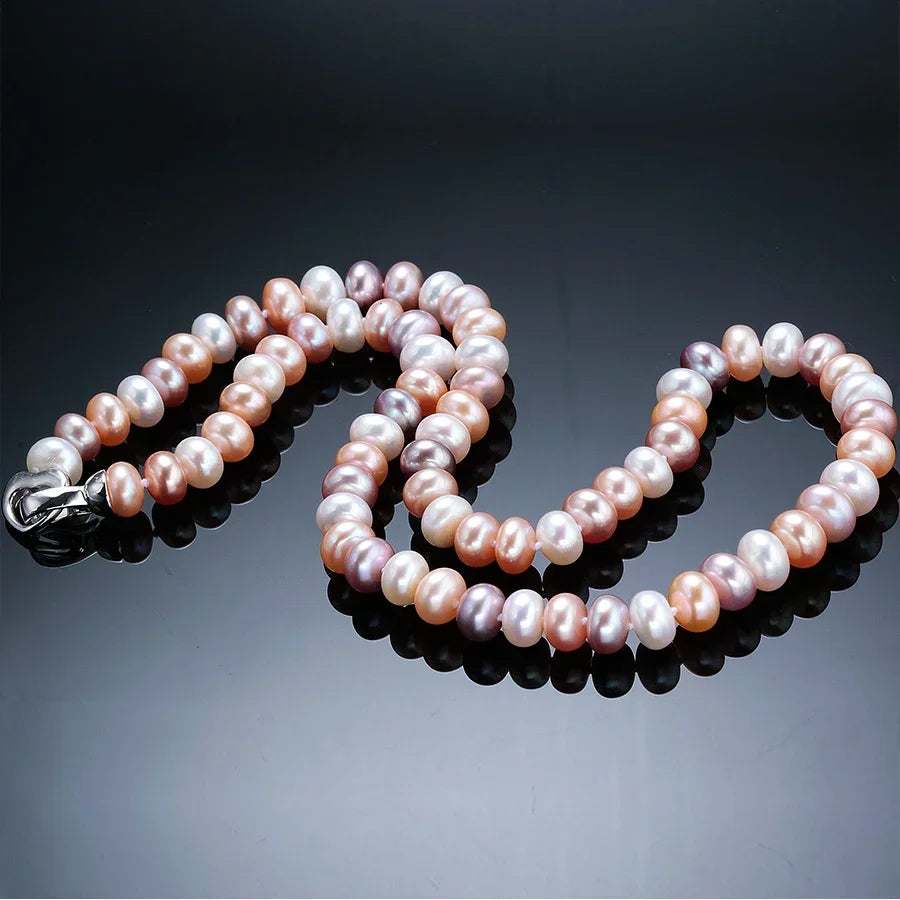 YWYC 7-10mm Bread Bead Freshwater Pearl Necklace for Women Colorful Mix Color 925 Sterling Silver Clasp Necklaces Jewelry Gift