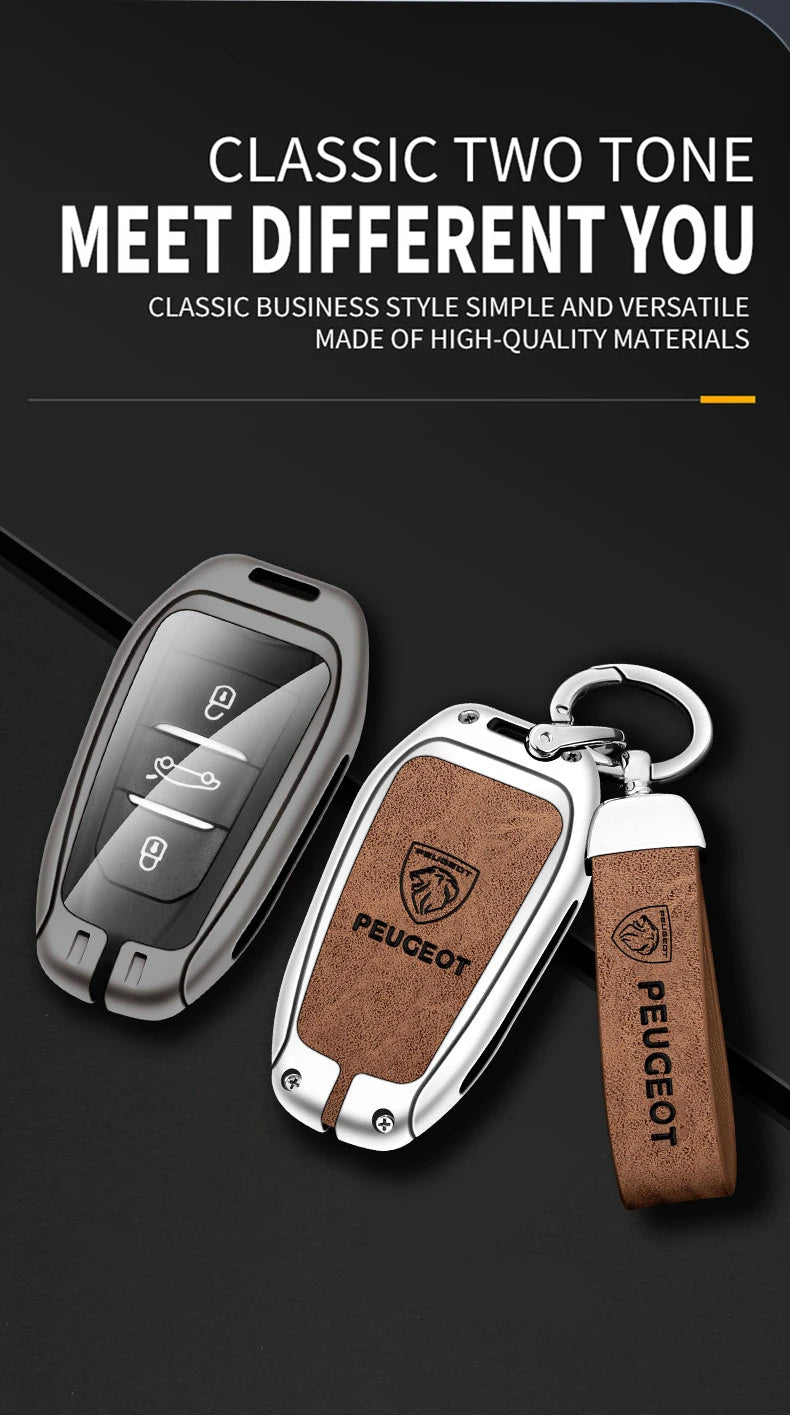 Leather Zine Alloy Car Smart Key Case Shell Cover Protector Fob For Peugeot 308 408 508 2008 3008 4008 5008 Keychain Accessories
