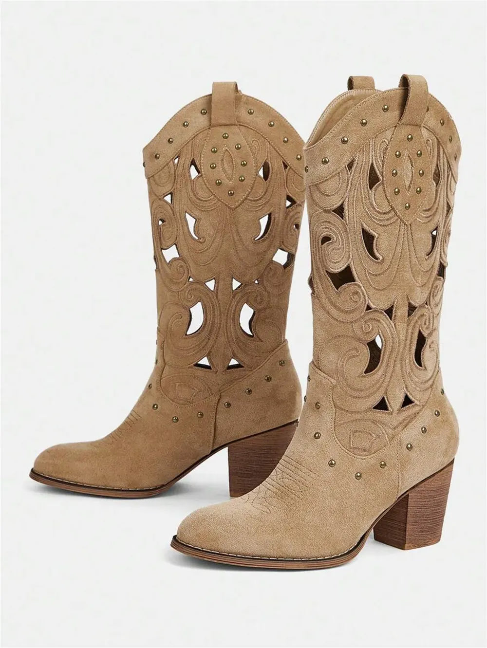 2026 Women's Summer Retro Round Toe Chunky Heels Vegan Suede Western Boots with Hollow Design and Rivets Cowboy Boots Shoes