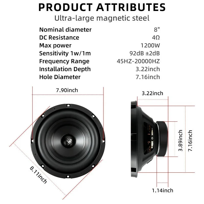 1pcs 8 Inch Car Speakers 1200W High Fidelity Car Door High Definition Mid Bass Stereo Surround Subwoofer Universal Car Audio