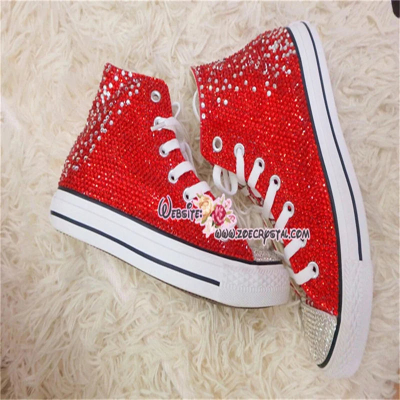 High top lace up red rhinestones creative canvas shoes for women banquet wedding all casual sports big size women's shoes 35-44