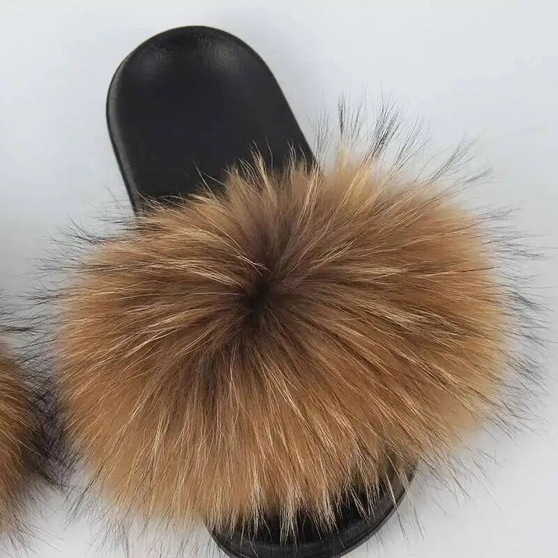 Real Raccoon Fur Slippers For Women 2023 Summer Fluffy Indoor House Fuzzy Flat Slides Outdoor Fashion Beach Sandals Flip Flops