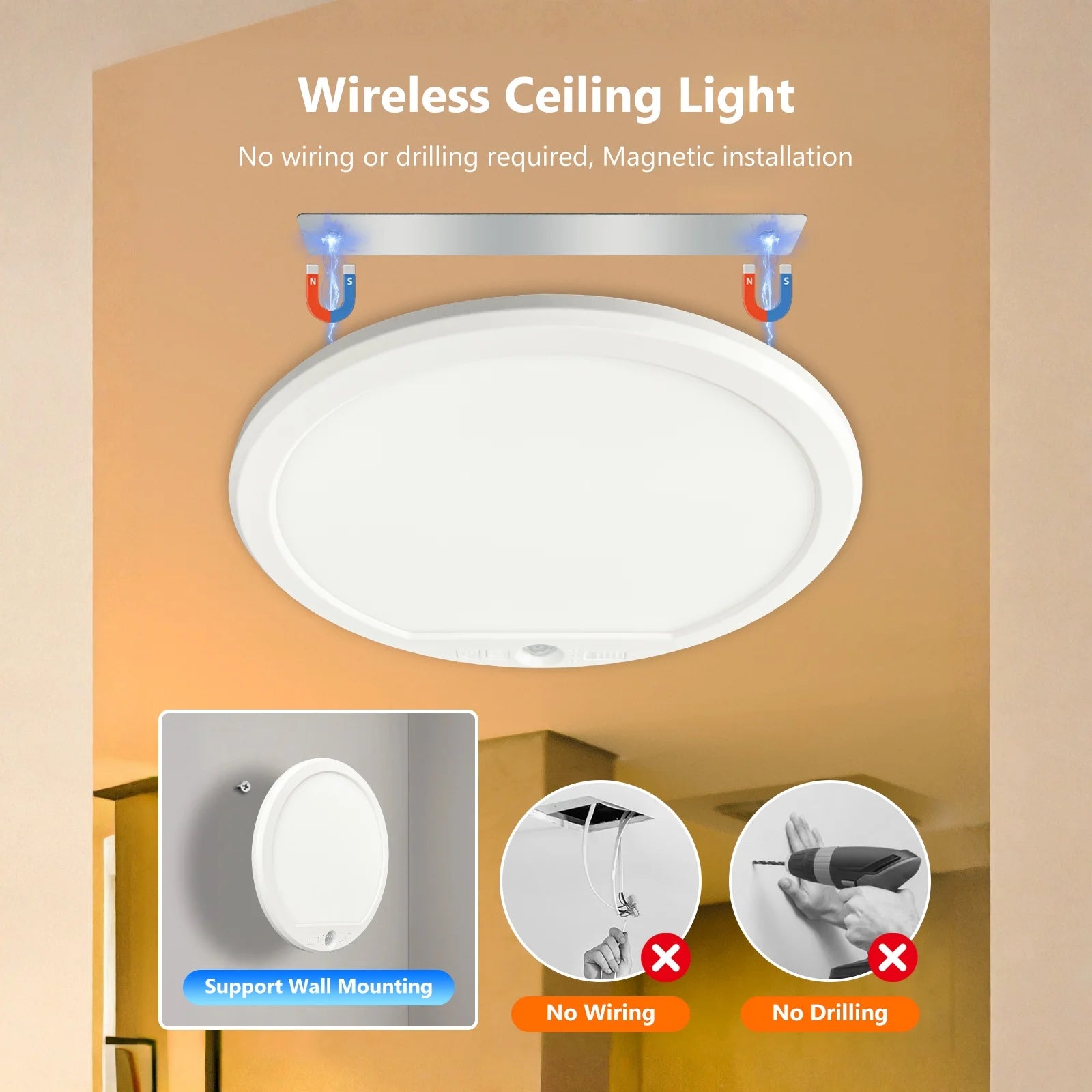 Ceiling Light USB Rechargeable 3Colors Dimmable Remote Control Wireless LED Flush Mount Ultrathin Motion Sensor Ceiling Lamp