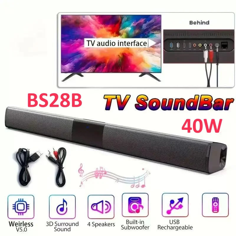 New BS-28B TV Bluetooth Speaker 40W Soundbar Home Theater Wireless 3D Surround Stereo Bass Subwoofer Portable Speakers For Phone