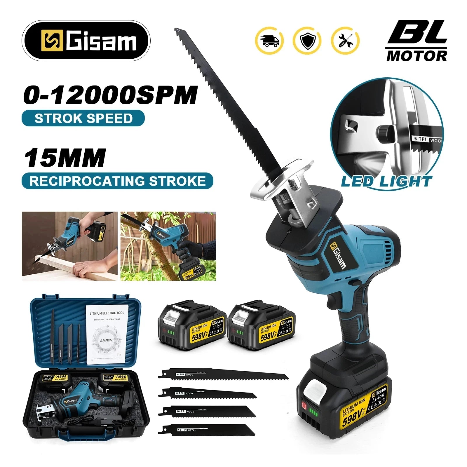 Gisam 12000Spm Brushless Reciprocating Saw 3600W Cordless Electric Chainsaw Wood Metal Cutting Tools For Makita 18V Battery Pins