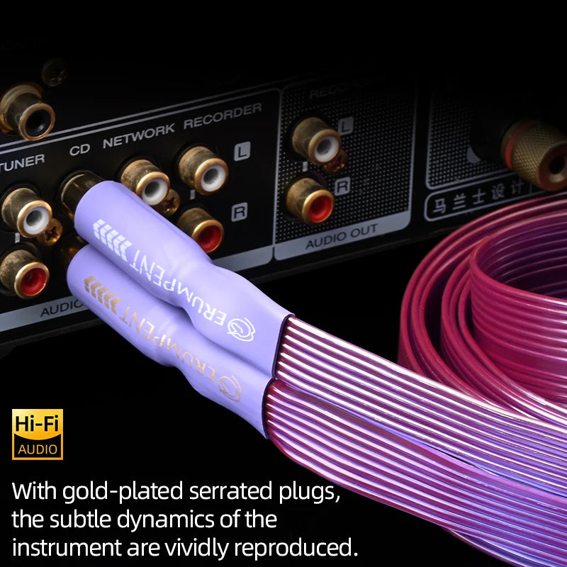 Câble HiFi ERUMPENT OCC 2RCA Bande plate en cuivre pur haut de gamme avec fiches mâles 2RCA plaquées or Câble audio 2RCA vers 2RCA pour amplificateur CD