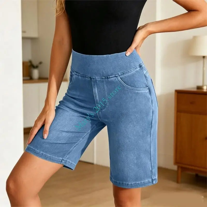 Women's Fit Stretch Jeans Shorts With Pockets Comfortable Casual High Waist Jeans Trousers Half Length For Daily Wear