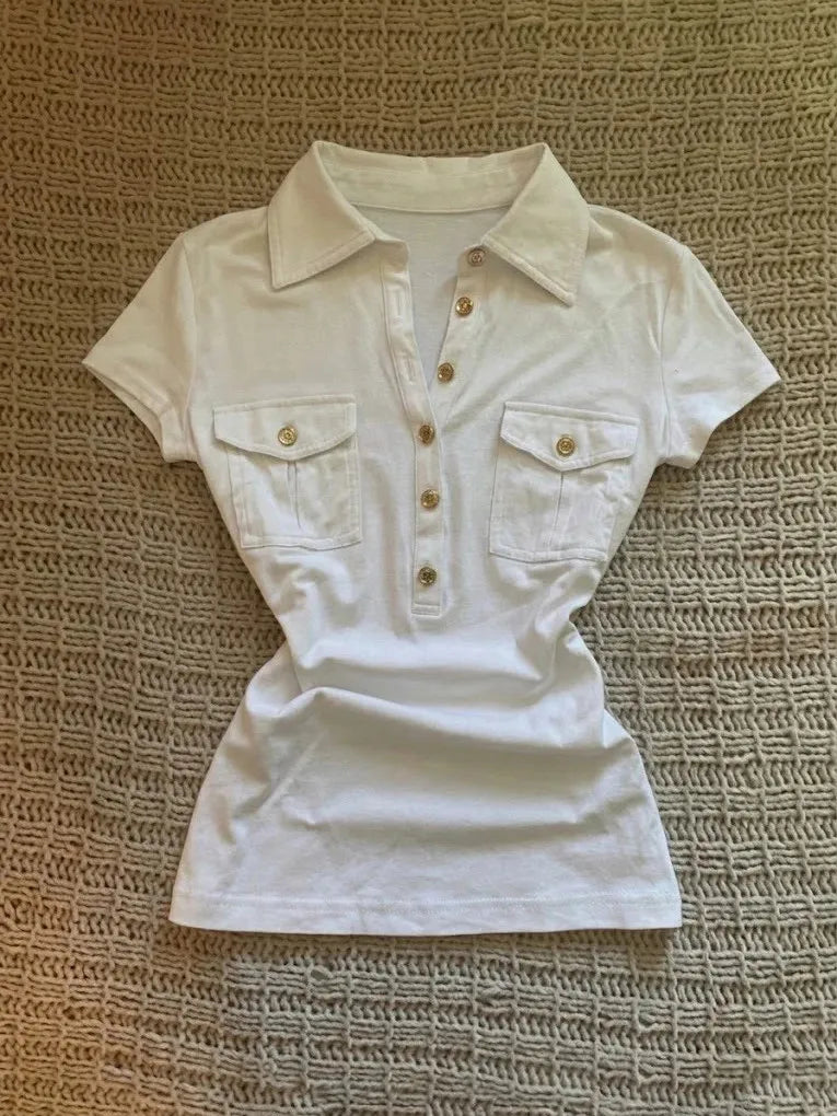 Y2K Japanese Streetwear Polo Shirt Women Slim Crop Tee 2025 White Short Sleeve Tops Letter Badge Houndstooth Vintage Harajuku