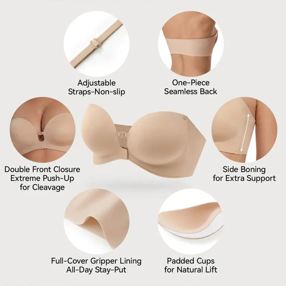 Summer Invisible Strapless Backless Bras Women's Seamless Push Up Brassiere No Underwire Front Closure Bralette