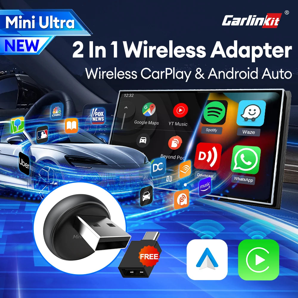 Mini Ultra 3 CarlinKit Wireless Android Auto & CarPlay Adapter 2.4Ghz&5Ghz WiFi BLE Auto Connect OTA Upgrade Mini Smart Car Box