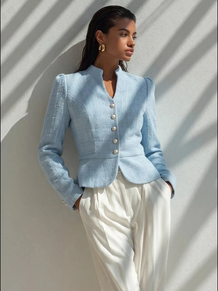 2026 Autumn Women Tweed Jacket Elegant Stand Collar Pearl Button Short Coat Puff Sleeve French Style Outerwear