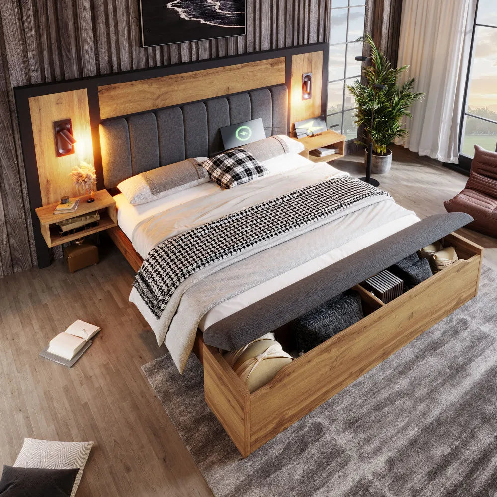 Bed with Upholstered Bed System with Reading Lamp and USB C Night Table and Seating Bench with Storage Space (without Mattress)