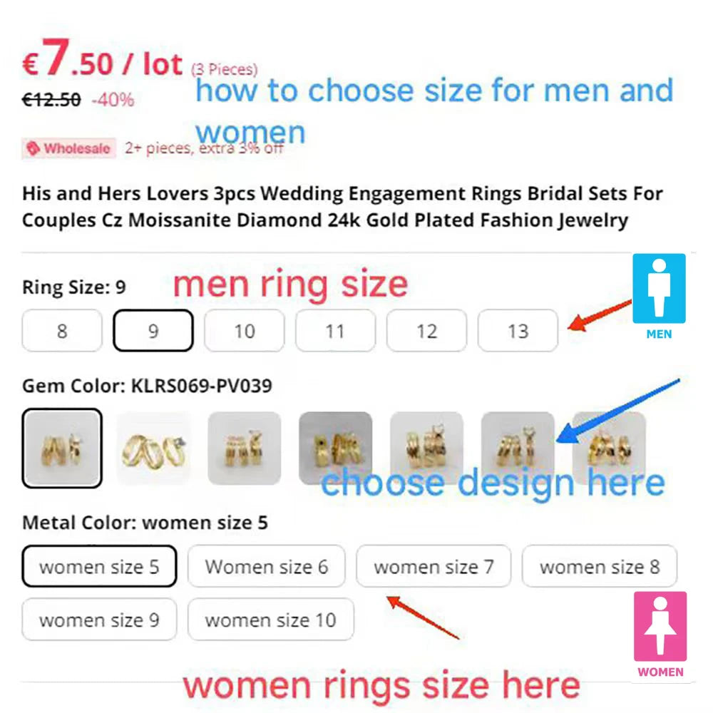 3pcs Matte Titanium Jewelry Italian Women 24k Gold Plated Ring Cz Diamond Ring Marriage Wedding Proposals Bridal Sets Couples