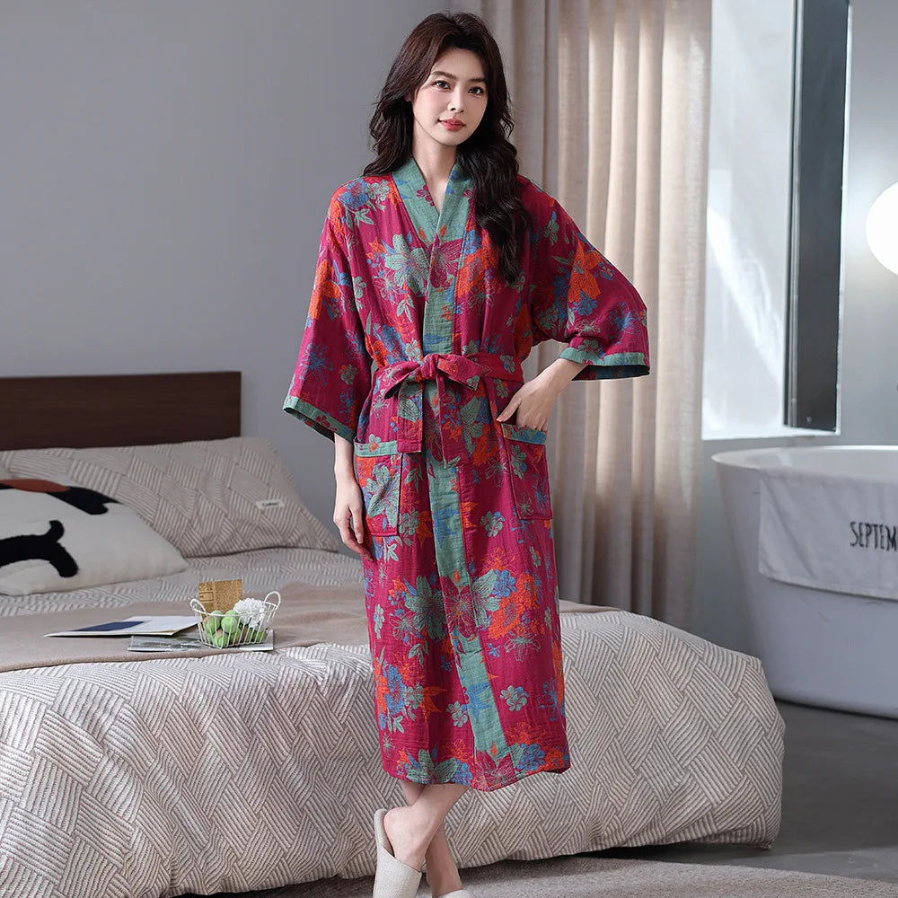 Spring and Summer Thin Cotton Double-layer Bathrobe Pajamas Home Wear Ladies's Absorbent Quick Drying Yukata Robes