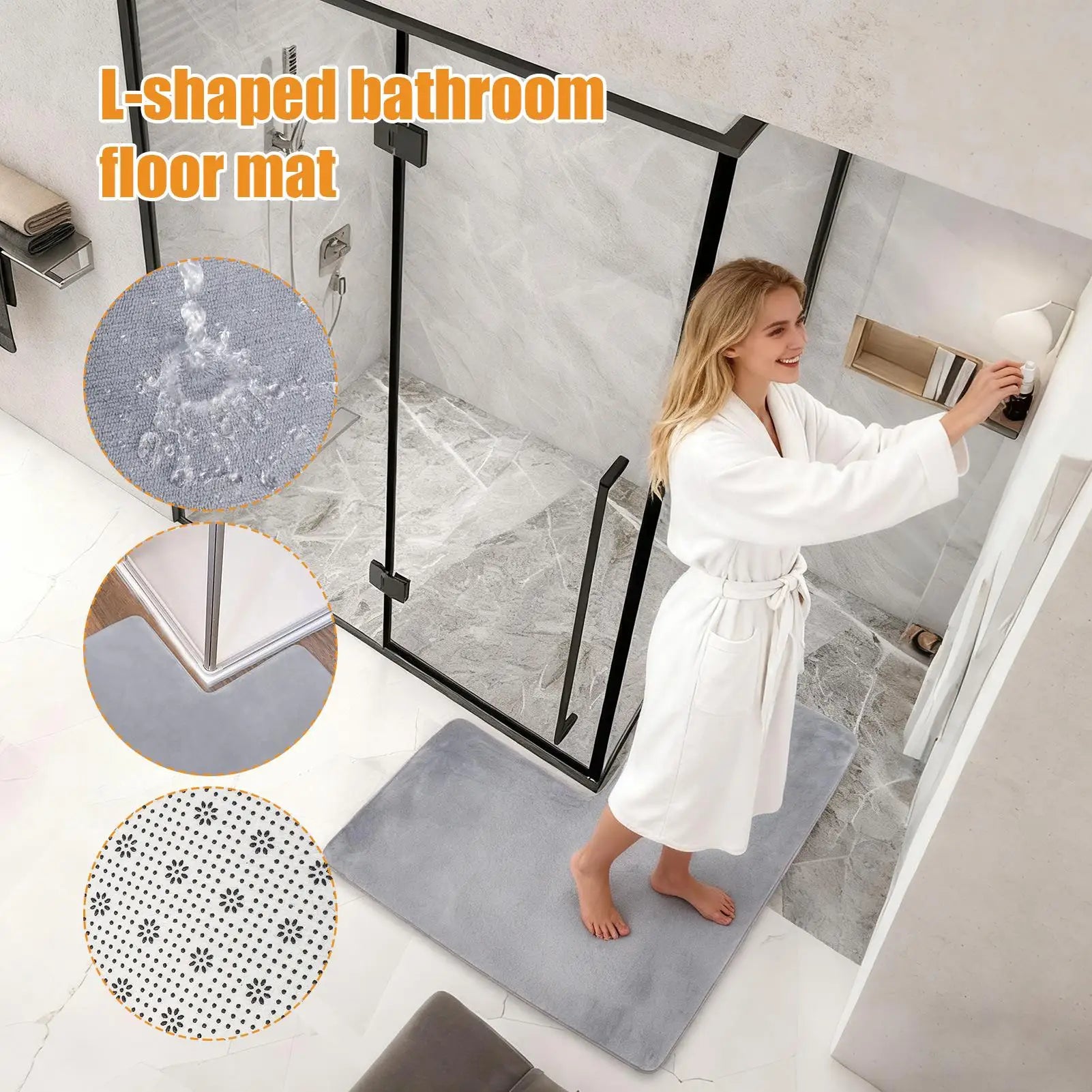 Non Slip L Shaped Bath Mat Soft Absorbent Quick Dry Rug for Bathroom Shower Toilet Floor Indoor Home Hotel Water Absorbing