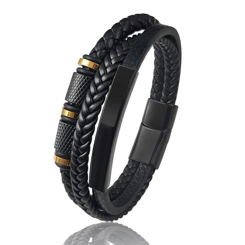 New Gold Beads Charm Men Bracelet Stainless Steel Magnetic Buckle Braided Mutilayer Leather Wrapped Bangles Women Jewelry Gift