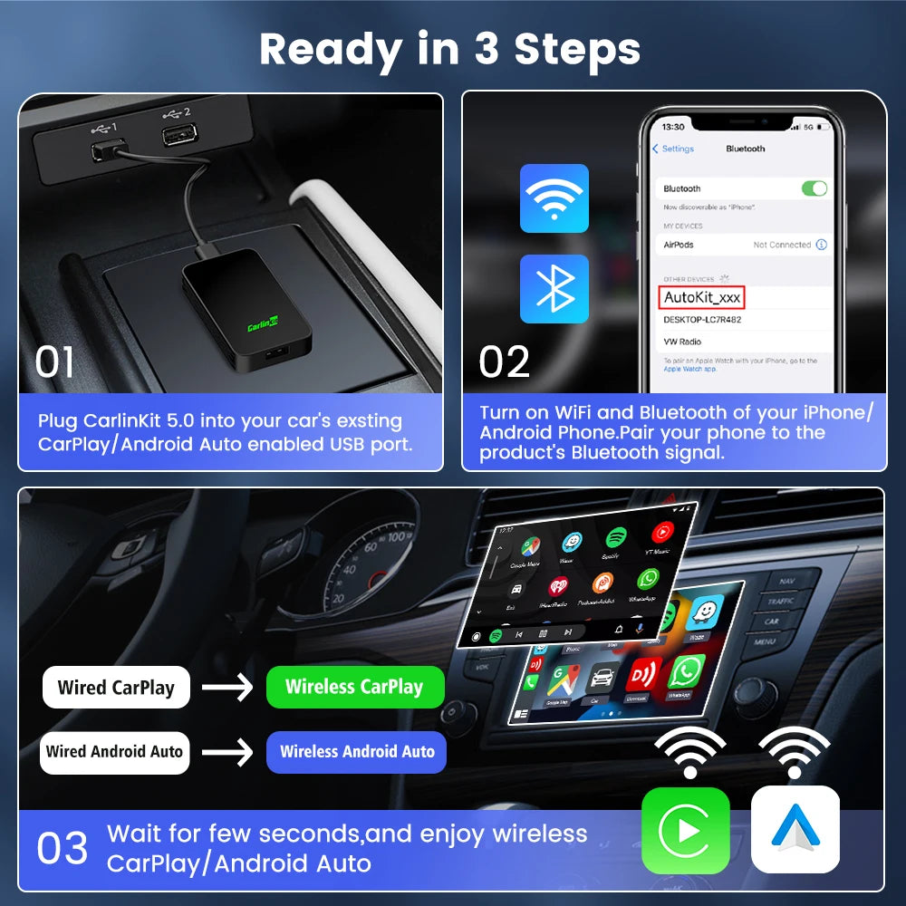 2026 CarlinKit 5.0 2Air Wireless Android Auto Box Portable CarPlay Wireless Dongle For Car Radio with Wired CarPlay/Android Auto