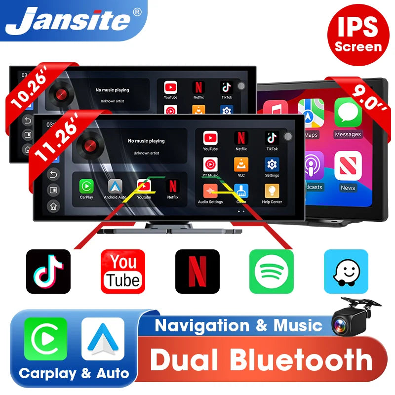 Jansite Lecteur multimédia vidéo universel pour voiture Bluetooth sans fil Carplay Android Auto écran stéréo radio pour YouTube Netflix