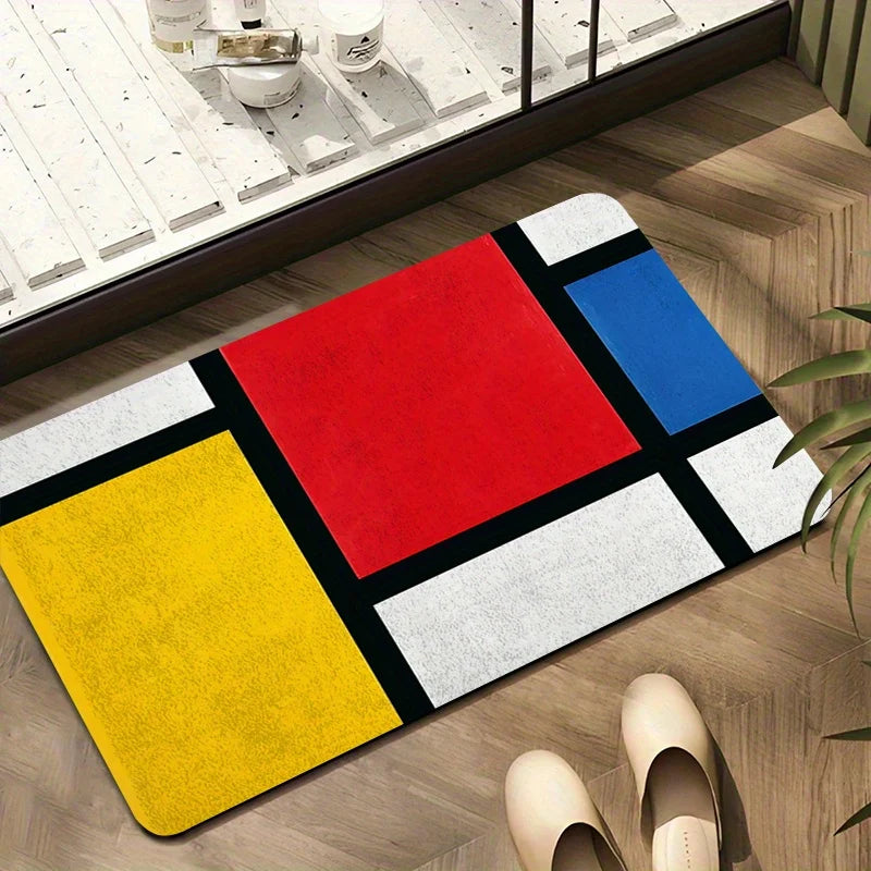 VIKAMA Tapis de salle de bain absorbant antidérapant avec motif géométrique rouge, jaune et bleu Mondrian pour la décoration intérieure