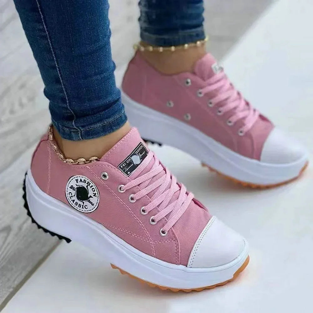 Women’s Pattern Canvas Sneakers Simple Fashionable Casual Lace-Up Shoes thick bottom outdoor activity High Quality lady footwear