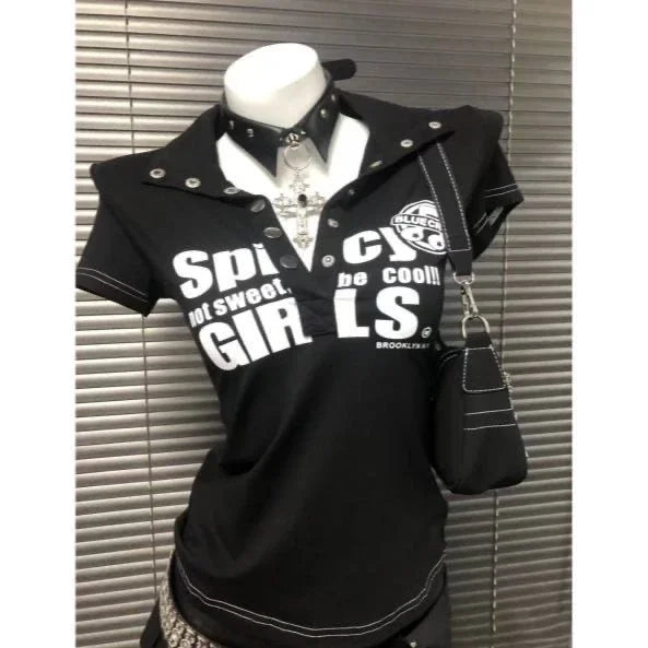 Y2K Japanese Streetwear Polo Shirt Women Slim Crop Tee 2025 White Short Sleeve Tops Letter Badge Houndstooth Vintage Harajuku