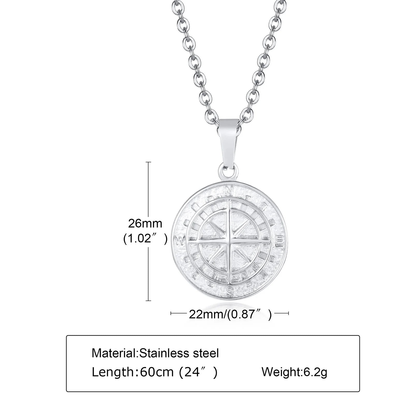 Vintage Compass Pendant Necklaces for Men Boys, Stainless Steel Coin Necklace, Rock Hiphop Collar Graduation Guide Gift
