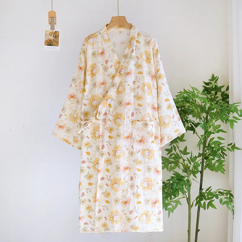 Cotton Fabric Bamboo Printed Sleepwear Bathrobes for Women Spring and Summer Double-layer Thin Home Clothing Pyjamas Robes