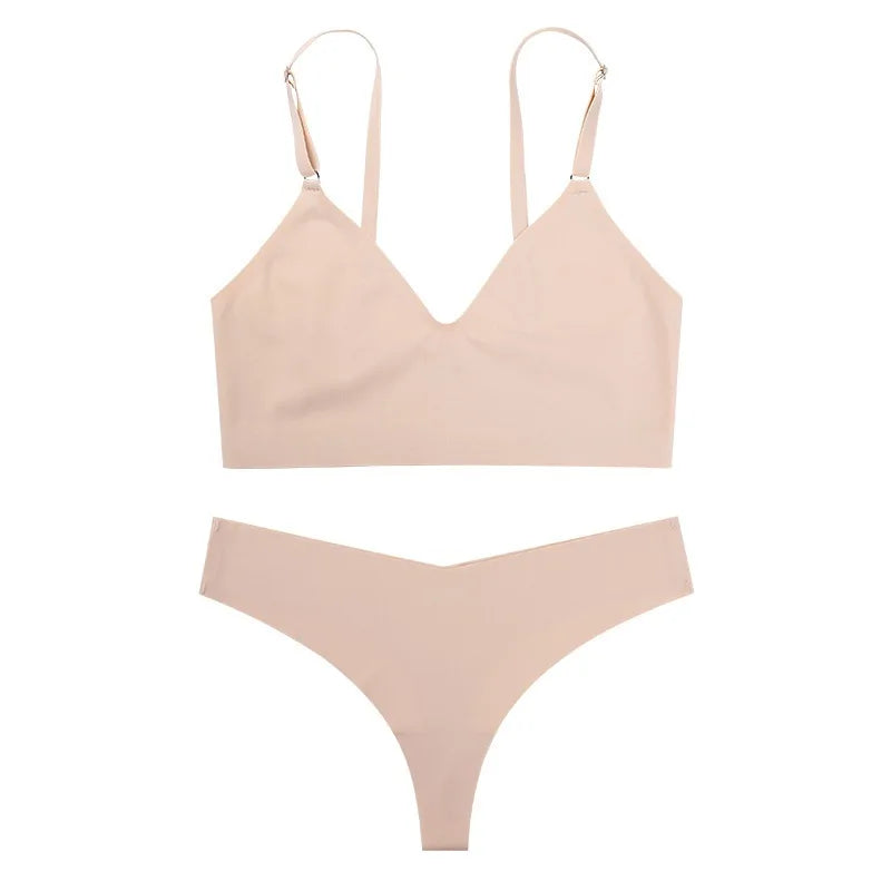Ensemble de Soutien-Gorge Sans Couture Femme Lingerie Ensemble String Taille Basse en V Culotte Soutien-Gorge Triangle Sans Armature Brassière Ensemble de Sous-Vêtements Sexy Femme