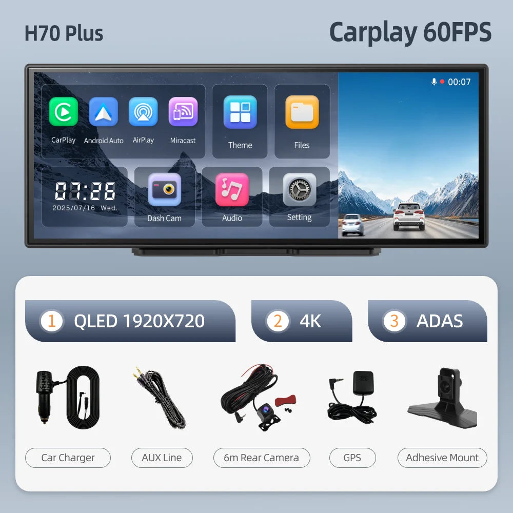 Imagebon H70 Plus 11.4" 4K QLED Car DVR Wireless CarPlay & Android Auto ADAS Dash Cam WiFi AUX GPS Navigation Loop Recording