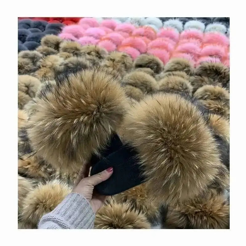 Real Raccoon Fur Slippers For Women 2023 Summer Fluffy Indoor House Fuzzy Flat Slides Outdoor Fashion Beach Sandals Flip Flops