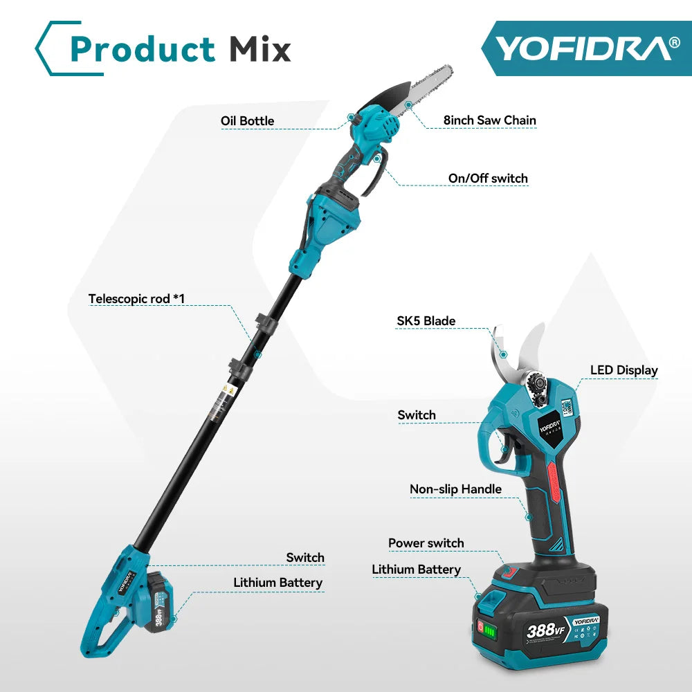 YOFIDRA Brushless Electric Chainsaw Telescoping Pole 3IN1 High Branch Saw Woodworking Pruning Power Tool For Makita Battery Pin