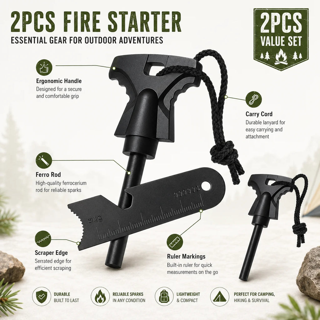 Camping Flint Fire Starter Magnesium Rod Manual Spark Tool with Scraper Ruler for Outdoor Hiking Emergency Kit