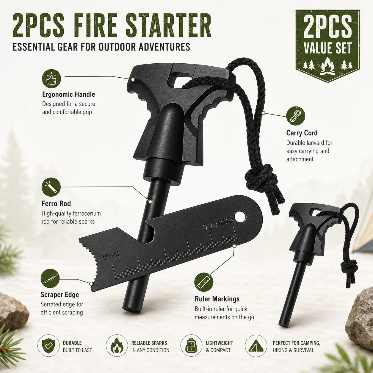 Camping Flint Fire Starter Magnesium Rod Manual Spark Tool with Scraper Ruler for Outdoor Hiking Emergency Kit