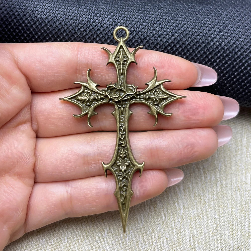 2pcs New Gothic Punk Double Sided Cross Pendant Vintage Ethnic Pattern Alloy Exaggerated Statement Necklace for Women Men