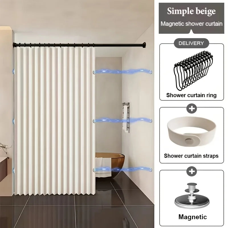 Magnetic Foldable Linen Bath Curtain Waterproof for Walk-In Shower - No Included Adjustable Rod