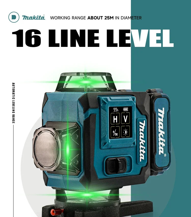 Makita Digital Laser Level 360-Degree X4 16-Line Self-Levelling Outdoor Vertical Cross-Line Tool for Precision Measurement