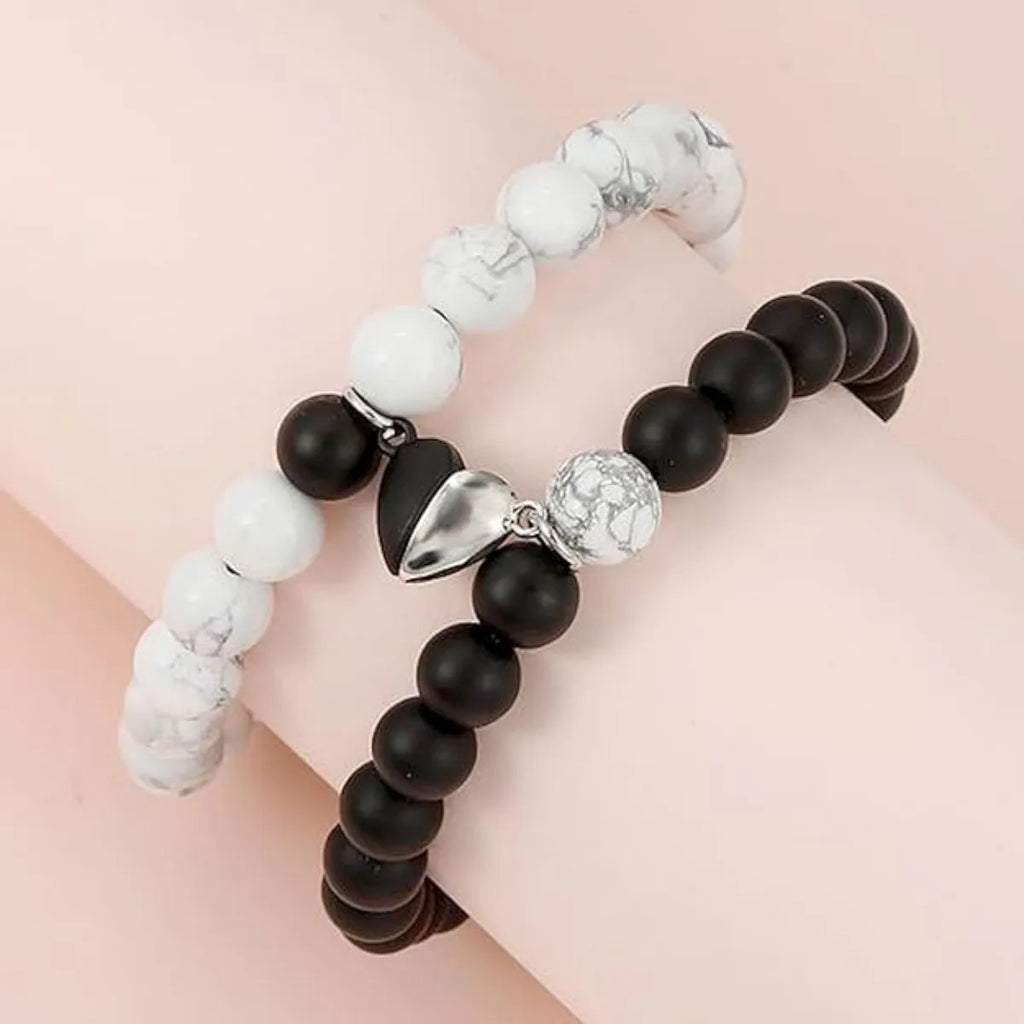 2Pcs/Set Natural Stone Beaded Heart Magnet Attraction Couple Bracelets For Women Men Simple Love Relationship Bracelet Jewelry
