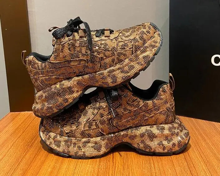 Luxury Women Bling Running Shoes Chunky Sneakers Fashion Casual Genuine Leather Breathable Height Increased Flat Platform Shoe