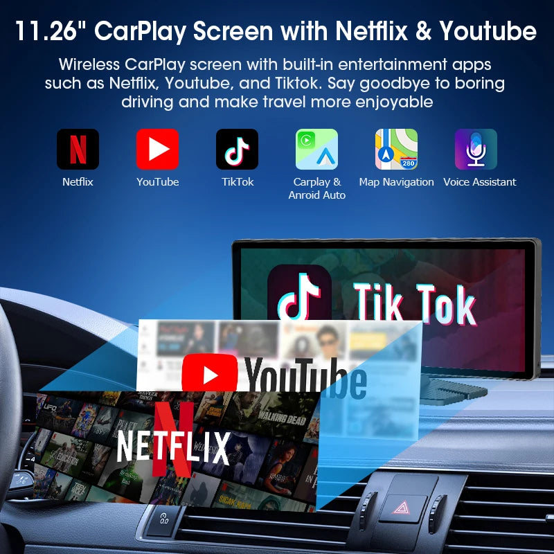Jansite Lecteur multimédia vidéo universel pour voiture Bluetooth sans fil Carplay Android Auto écran stéréo radio pour YouTube Netflix