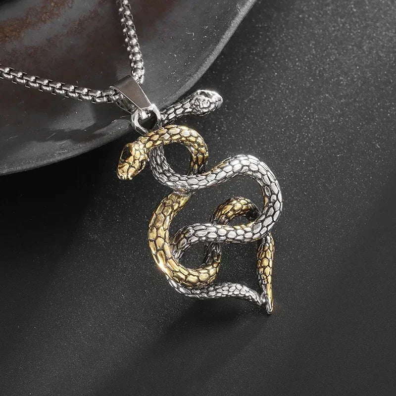 Vintage Gothic Snake Coiled Demon Skull Pendant Necklace for Men Boys Rock Party Halloween Jewelry Gift