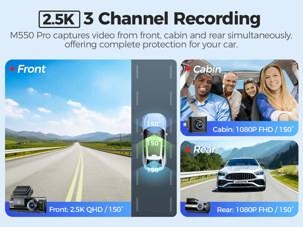 AZDOME M550 Pro Dash Cam Car DVR 5.8Ghz WiFi 3.19" IPS 2 or 3 Channel Dash Camera GPS Night Vision Dual 4K+1080P Parking Monitor