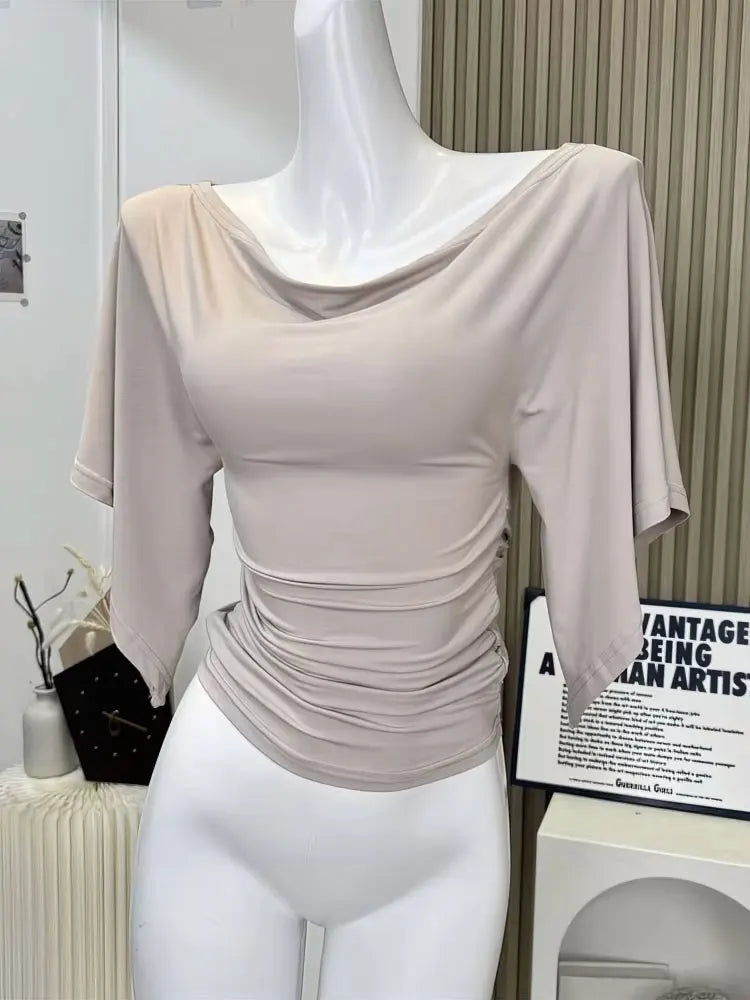 T-shirt d'été sexy à épaules dénudées pour femme, élégant, manches chauve-souris courtes, col bénitier, hauts coréens chics, t-shirt moulant pour femme 2025 nouveau