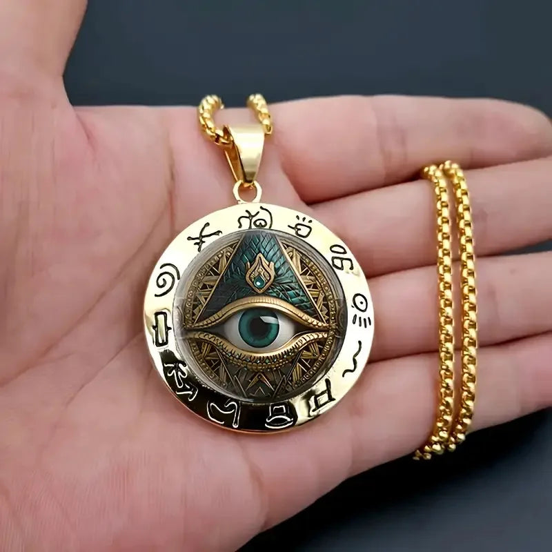 Ancient Egyptian Talisman: Eye Pattern Glass & Hieroglyphic Zinc Alloy Pendant, Artifact-Style Statement Necklace.