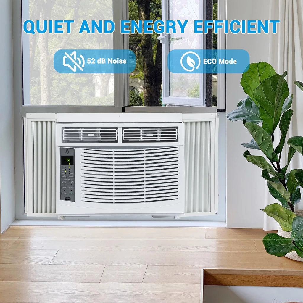 Climatiseur de fenêtre 6000 BTU, unité de climatisation intelligente Wi-Fi avec télécommande et affichage numérique, refroidissement silencieux pour petites pièces jusqu'à 23 m², modes déshumidificateur et ventilateur, installation facile, blanc