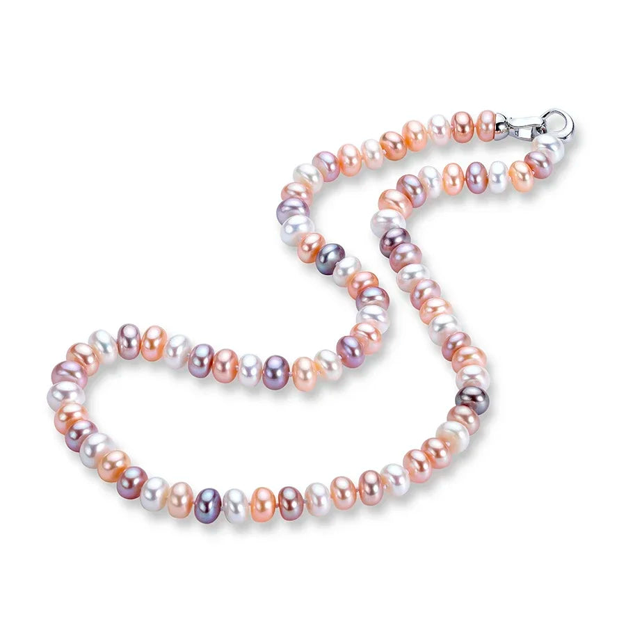 YWYC 7-10mm Bread Bead Freshwater Pearl Necklace for Women Colorful Mix Color 925 Sterling Silver Clasp Necklaces Jewelry Gift