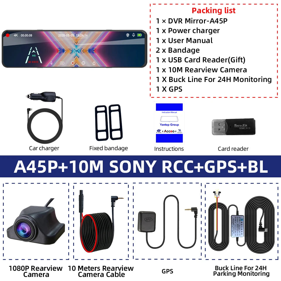 Enregistreur de conduite de rétroviseur 4K Vision nocturne HD Enregistrement en boucle Caméra de tableau de bord Caméra arrière en option Image de recul DVR de voiture