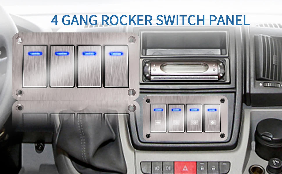 Durable metal 2-8Gang rocker switch panel with LED light, waterproof and overload protection for car card, vehicle and vessel