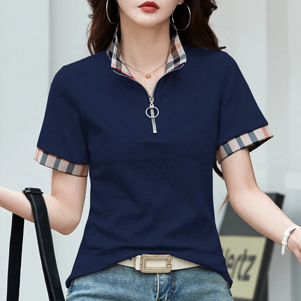 T-shirt à carreaux et col polo à manches courtes style européen pour femme, nouvelle mode estivale, haut ample en coton pur, léger et luxueux