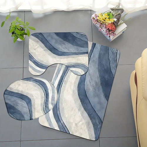 Ensemble de tapis de bain 3 pièces, tapis de bain antidérapant, tapis de toilette en forme de U, housse de siège de toilette, épais, doux et confortable, couleur bleue