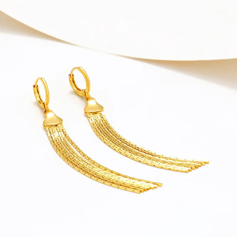 Luxury 24K 9999 Pure Gold real gold Long multi-line tassel earrings women elegant temperament golden earrings